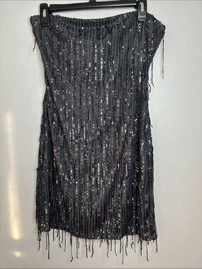 Black Sequin Fringe Strapless Dress Evening Dress size M